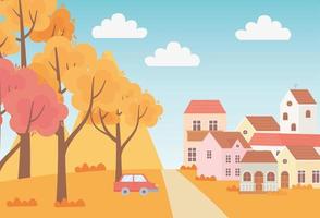 paesaggio nella scena della natura autunnale, case suburbane alberi auto erba cielo cartone animato vettore