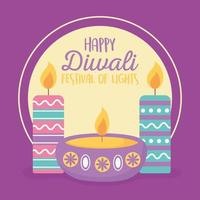 felice festa di diwali, lampade diya con celebrazione di candele, disegno vettoriale