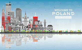 Polonia città orizzonte con grigio edifici, blu cielo e riflessi. vettore