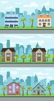 impostato di tre vettore illustrazioni di città strada con cartone animato case e alberi. estate urbano paesaggio. strada Visualizza con paesaggio urbano su un' sfondo