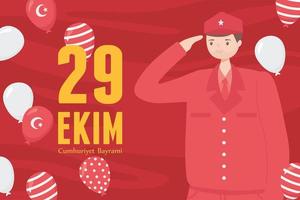 29 ekim cumhuriyet bayrami kutlu olsun, festa della repubblica della turchia, biglietto di celebrazione dei palloncini di saluto del soldato dell'eroe vettore