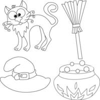 schema Halloween clipart impostato contiene un' fantasma, strega cappello, gatto , Luna, Casa, grave, e zucca vettore