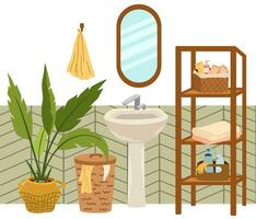 bagno interno vettore illustrazione. lavello, capezzale tavolo, ripiano, cestino con asciugamani, accappatoio, pianta della casa e specchio. moderno interno design.