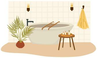 bagno interno. bagno, asciugamano su un' appendiabiti, tavolo con candele, tappeto, pianta della casa. piatto vettore illustrazione isolato su bianca sfondo
