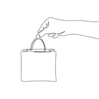 mano con negozio Borsa. uno linea continuo concetto attività commerciale striscione. linea arte, schema, silhouette, vettore illustrazione.