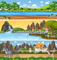 diverso paesaggio naturale panoramico con personaggio dei cartoni animati vettore