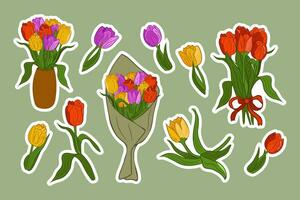 impostato di piatto vettore colorfull tulipani adesivi. mano disegnato isolato elementi con bianca schema. grappoli di tulipani nel ceramica vaso, nel carta e con nastro. botanico unico design