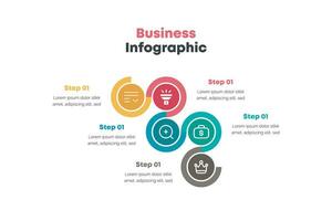 Infografica con cinque opzioni paragrafi di modificabile testo e adeguata cerchio icona 3d lucido attività commerciale infografica vettore illustrazione