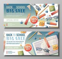 bandiera design impostato con diario, matita Astuccio, penna e carta clip sparpagliato su il superficie. indietro per scuola, studia, formazione scolastica. ufficio forniture sparpagliato su il superficie. sconto aviatore con scuola Oggetti. vettore