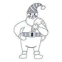 carino mano disegnato allegro Santa Claus in piedi con regalo Borsa dietro a il suo Indietro. sorridente, contento e divertente Natale personaggio con un' lotto di regali per bambini per inverno vacanza. isolato vettore scarabocchio.