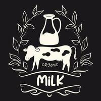 finito latte logo con mucca e brocca con impianti nel bianca colore mano disegnato nel Vintage ▾ stile vettore