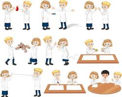 set di giovane scienziato in diverse pose personaggio dei cartoni animati vettore