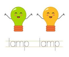 tracciare parola lampada. inglese foglio di lavoro per bambini. cartone animato carino colorato lampade. vettore
