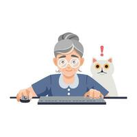 anziano persone utilizzando computer concetto. programmatore tester femmina personaggio cartone animato illustrazione. anziano donna a computer. nonna con pc, il computer portatile. piatto vettore illustrazione isolato su bianca.