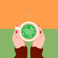 vettore illustrazione di un' donna mano Tenere un' tazza di caldo verde tè con cuore sagomato schiuma. caldo autunno tempo caldo verde tè con cuore.