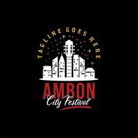 ambon città di musica orizzonte con chitarra strumento per musica fest Festival logo design vettore