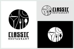 ristorante linea arte logo con vino bicchiere cucchiaio forchetta piatto coltello bicchiere per cenare vettore