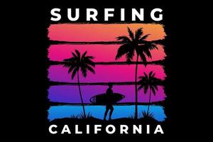 t-shirt surf california beach tramonto stile retrò vettore