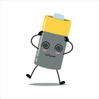 carino vertiginoso batteria carattere. divertente ubriaco Vettore cartone animato emoticon nel piatto stile. energia unità emoji vettore illustrazione