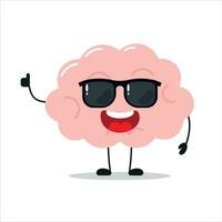 carino contento cervello personaggio indossare occhiali da sole. divertente cervello salutare amico cartone animato emoticon nel piatto stile. encefalo emoji vettore illustrazione