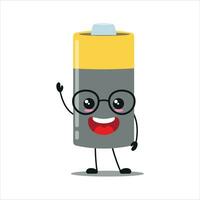 carino contento batteria carattere. sorridente e salutare Vettore cartone animato emoticon nel piatto stile. energia unità emoji vettore illustrazione