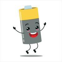 carino contento batteria carattere. divertente saltare Vettore cartone animato emoticon nel piatto stile. energia unità emoji vettore illustrazione