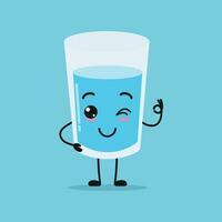 carino contento acqua bicchiere carattere. divertente sorridente e batter bicchiere cartone animato emoticon nel piatto stile. acqua emoji vettore illustrazione