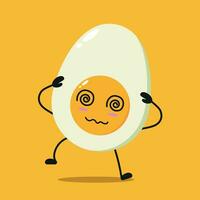 carino vertiginoso metà bollito uovo carattere. divertente ubriaco uovo cartone animato emoticon nel piatto stile. cibo emoji vettore illustrazione