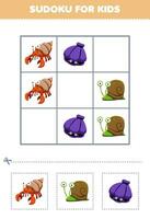 formazione scolastica gioco per bambini facile sudoku per bambini con carino cartone animato eremita Granchio lumaca conchiglia stampabile animale foglio di lavoro vettore