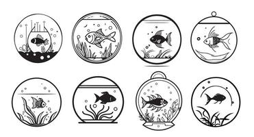 impostato di pesce emblemi nel il acquario schizzo mano disegnato logo vettore illustrazione