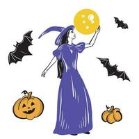 strega nel un' cappello Tenere il Luna nel sua mano. zucca e pipistrelli. Halloween. vettore illustrazione.