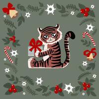 Natale impostato di disegnato carino elementi. tigre con un' regalo, fiocchi di neve, abete rosso, campane, Lecca-lecca. anno di il tigre 2022. per Natale carte, manifesti, magneti. vettore piatto illustrazione.