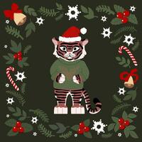 Natale impostato di disegnato carino elementi. tigre nel un' maglione con un' cervo e un' Natale cappello, fiocchi di neve, abete rosso, campane. anno di il tigre 2022. per Natale carte, manifesti, magneti. piatto illustrazione vettore