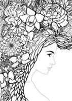 donna con capelli fatto di le foglie e fiori. floreale mazzo su il testa. nero e bianca mano illustrazione. copertina per libro o rivista, opuscolo, opuscolo per parrucchiere, giardiniere, vegano. vettore