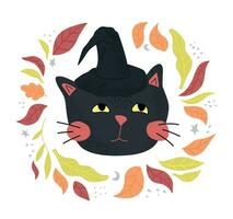 carino etichetta con un' gatto nel un' cappello per Halloween. autunno illustrazione con le foglie. vettore