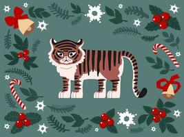 Natale impostato di disegnato carino elementi. tigre, fiocchi di neve, abete rosso, campane, Lecca-lecca. anno di il tigre 2022. per Natale carte, manifesti, magneti. vettore piatto illustrazione.
