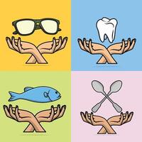 impostato di mani con utensili vettore illustrazione. collezione di sole occhiali, denti ,pescare e cucchiai icona concetto.