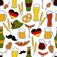 vettore scarabocchio illustrazione - senza soluzione di continuità modello oktoberfest birra Festival. Germania bandiera nel il modulo di un' cuore, diverso tipi di birra, spuntini, cappello e baffi