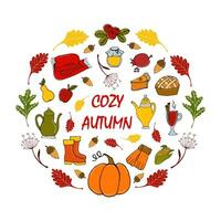 composizione nel un' cerchio di caldo Abiti, cibo, ramoscelli e le foglie con il iscrizione accogliente autunno - vettore illustrazione, ringraziamento saluto carta