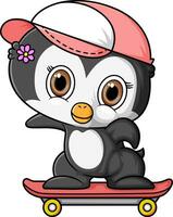cartone animato poco pinguino giocando skateboard vettore