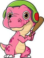 cartone animato divertente bambino tirannosauro dinosauro giocando baseball vettore