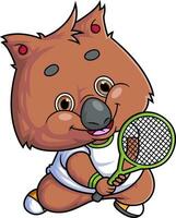 cartone animato carino Quokka personaggio giocando tennis su bianca sfondo vettore