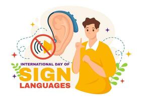 internazionale giorno di cartello le lingue vettore illustrazione con persone mostrare mano gesti e udito invalidità nel piatto cartone animato mano disegnato modelli
