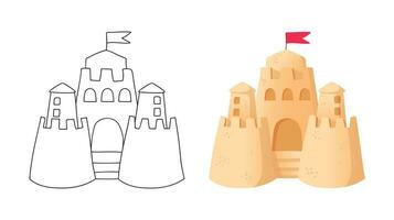 sabbia castello semplice schema e cartone animato stile illustrazione su bianca sfondo. sabbia fortezza con torri su il spiaggia, isolato oggetti vettore
