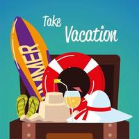 viaggio per le vacanze estive, carta da surf con cappello da valigia con tavola da surf vettore