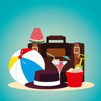 viaggio vacanze estive, valigia cappello palla secchio anguria e cocktail vettore