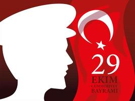 29 ekim cumhuriyet bayrami con bandiera turca e disegno vettoriale silhouette uomo ataturk bianco