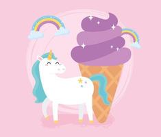 simpatico unicorno magico enorme gelato arcobaleni animale cartone animato vettore