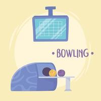 palla da bowling ritorno a destra fuori da una macchina schermo punteggio sport ricreativo design piatto vettore