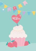 buon compleanno, cupcake fragola frutta cuore e gagliardetti decorazione festa celebrazione vettore